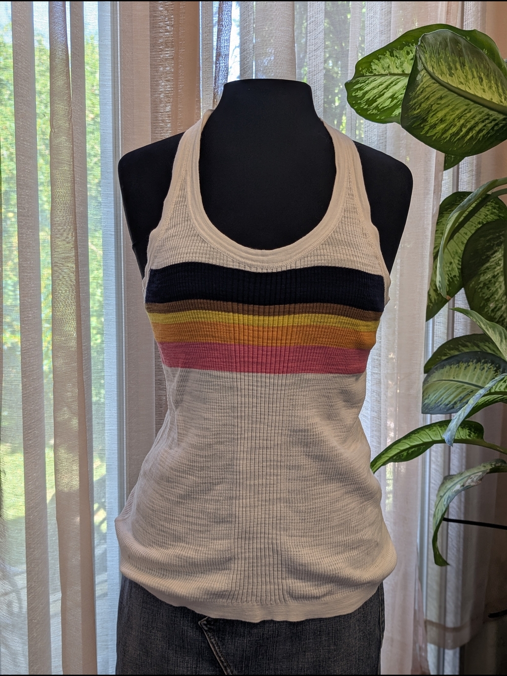 Trina Turk White Ribbed Multicolor Tank With Navy Yellow Pink Stripes M/L